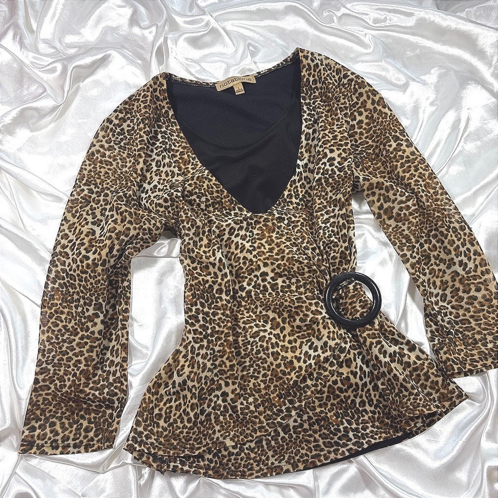 y2k Notations Leopard Print Top Brown Excellent Faux Wrap Ring Detail Blouse - Picture 1 of 6